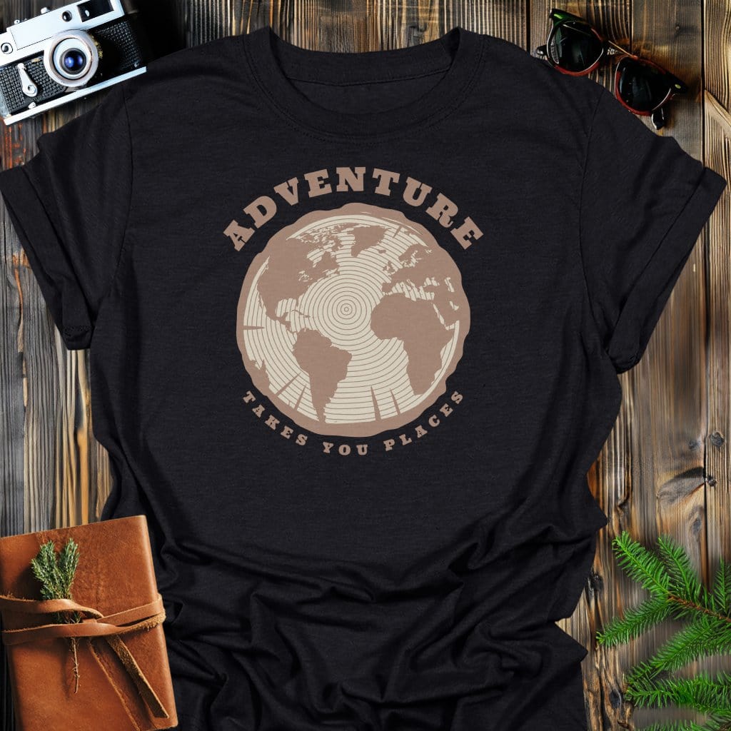 Adventure Takes You Places T-Shirt In Black / S Lightweight adventure tee for outdoor lovers Perfect for hiking camping or road trips Made from soft breathable cotton for all-day comfort Ideal for nature lovers and adventurers FAYO Threads outdoor apparel remember Fun Awaits You Outside