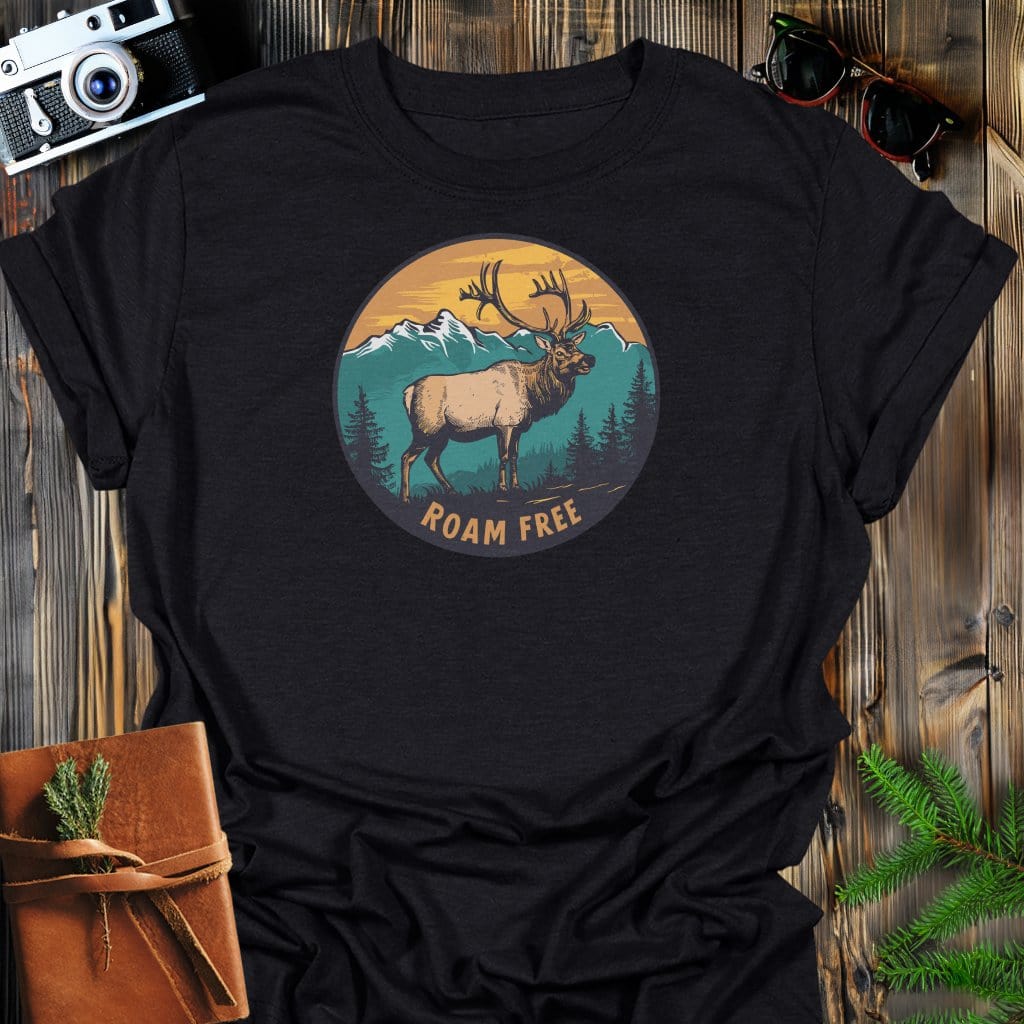 Elk Roam Free T-Shirt In Black / S Lightweight adventure tee for outdoor lovers Perfect for hiking camping or road trips Made from soft breathable cotton for all-day comfort Ideal for nature lovers and adventurers FAYO Threads outdoor apparel remember Fun Awaits You Outside