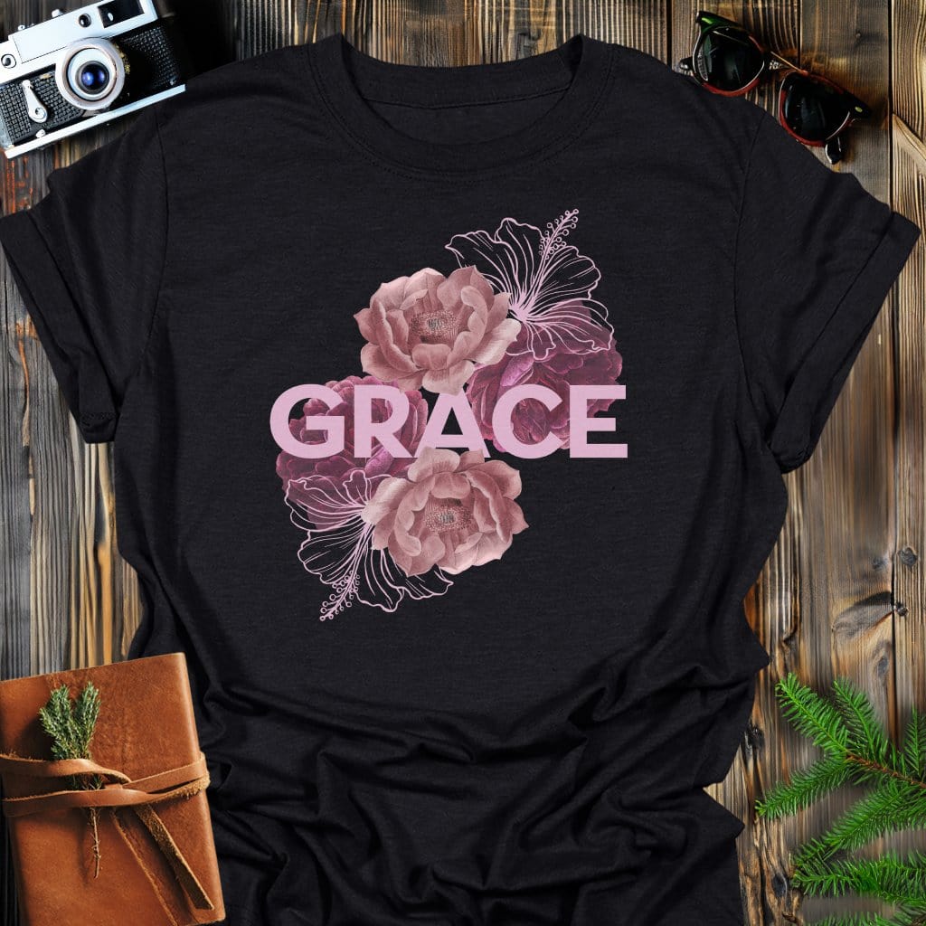 Grace in Roses T-Shirt In Black / S Lightweight adventure tee for outdoor lovers Perfect for hiking camping or road trips Made from soft breathable cotton for all-day comfort Ideal for nature lovers and adventurers FAYO Threads outdoor apparel remember Fun Awaits You Outside