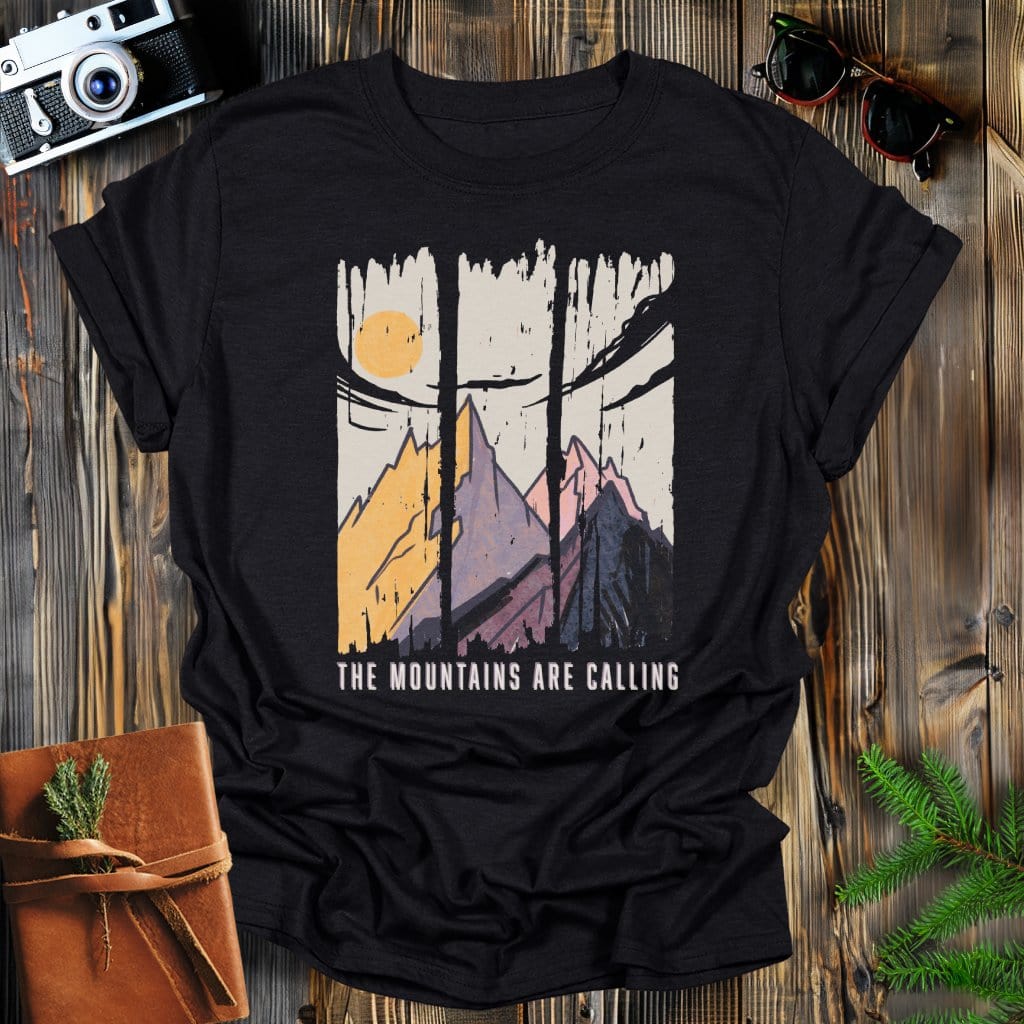 MyDesigns Physical Item Black / S Mountains are Calling, Vintage Mountain Sunset T-Shirt