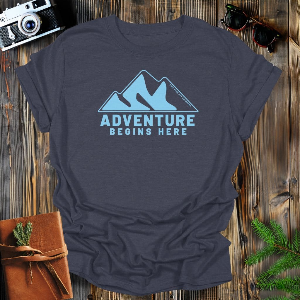 MyDesigns Physical Item Dark Heather / S Adventure Begins Here T-Shirt