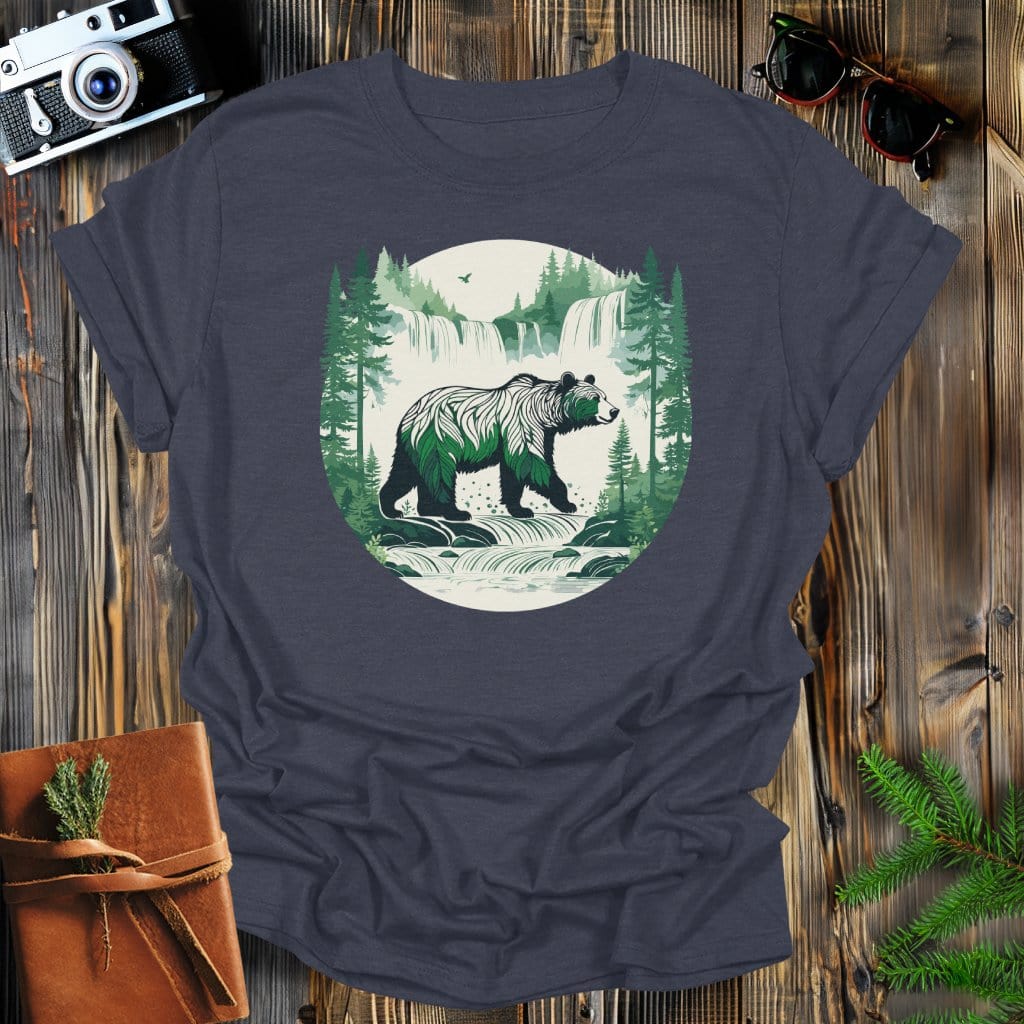 MyDesigns Physical Item Dark Heather / S Bear at Waterfalls in Forest T-Shirt