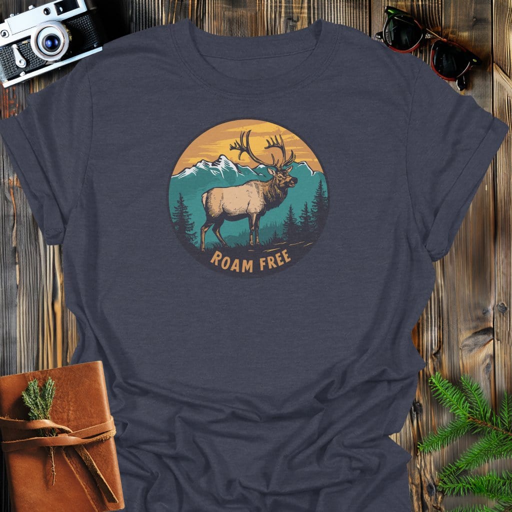 Elk Roam Free T-Shirt In Dark Heather / S Lightweight adventure tee for outdoor lovers Perfect for hiking camping or road trips Made from soft breathable cotton for all-day comfort Ideal for nature lovers and adventurers FAYO Threads outdoor apparel remember Fun Awaits You Outside