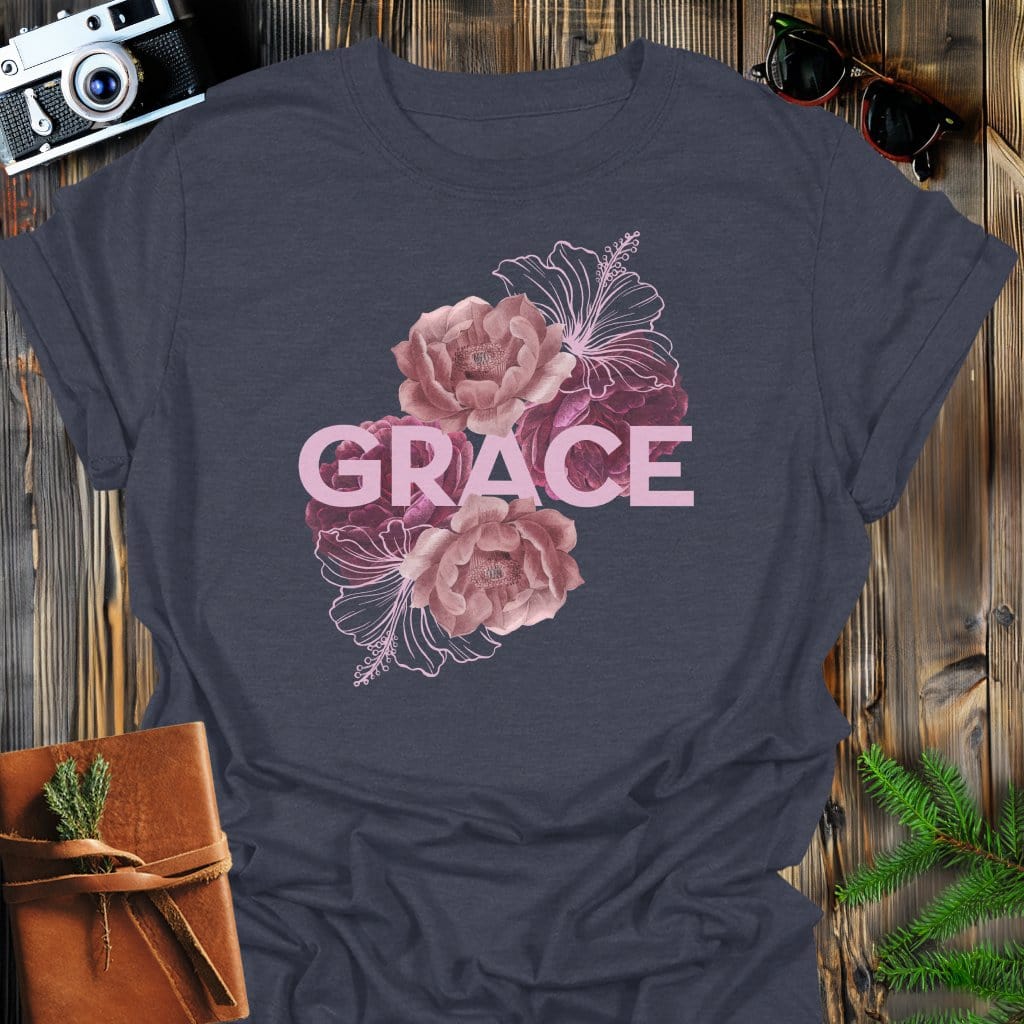 Grace in Roses T-Shirt In Dark Heather / S Lightweight adventure tee for outdoor lovers Perfect for hiking camping or road trips Made from soft breathable cotton for all-day comfort Ideal for nature lovers and adventurers FAYO Threads outdoor apparel remember Fun Awaits You Outside