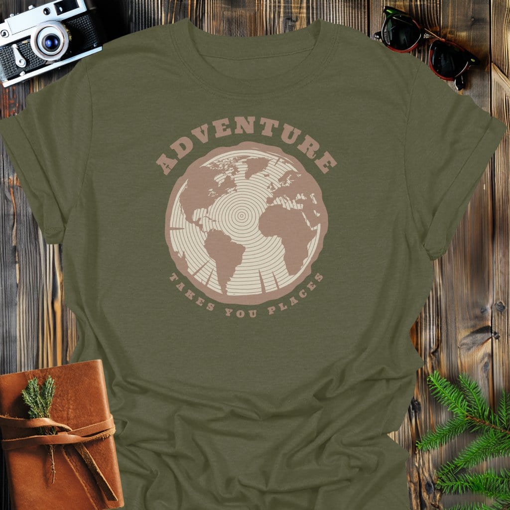Adventure Takes You Places T-Shirt In Military Green / S Lightweight adventure tee for outdoor lovers Perfect for hiking camping or road trips Made from soft breathable cotton for all-day comfort Ideal for nature lovers and adventurers FAYO Threads outdoor apparel remember Fun Awaits You Outside