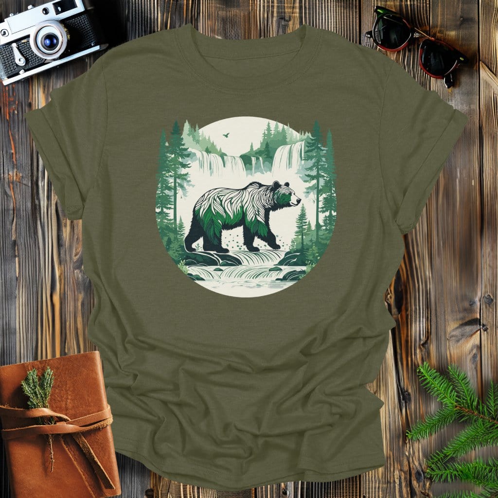 MyDesigns Physical Item Military Green / S Bear at Waterfalls in Forest T-Shirt