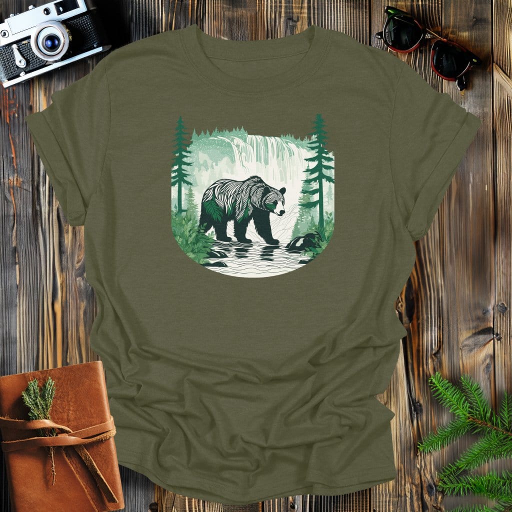 MyDesigns Physical Item Military Green / S Bear in a River at the Mountains T-Shirt