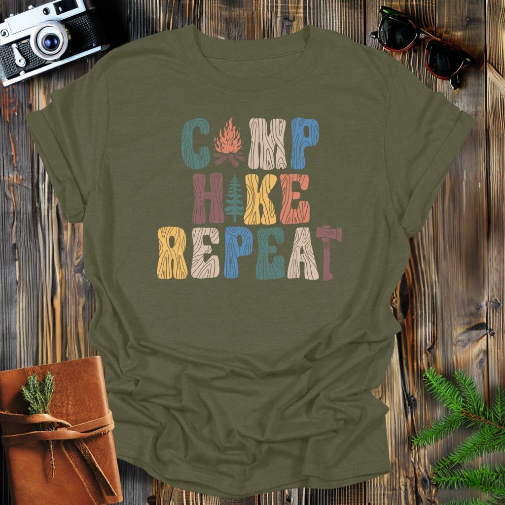 MyDesigns Physical Item Military Green / S Camp, Hike, Repeat T-Shirt