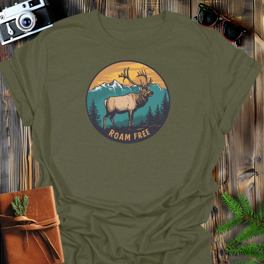 Elk Roam Free T-Shirt In Military Green / S Lightweight adventure tee for outdoor lovers Perfect for hiking camping or road trips Made from soft breathable cotton for all-day comfort Ideal for nature lovers and adventurers FAYO Threads outdoor apparel remember Fun Awaits You Outside