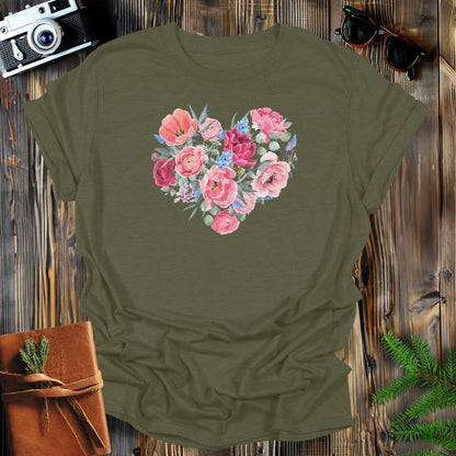 MyDesigns Physical Item Military Green / S Floral Heart T-Shirt