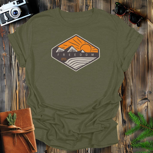 MyDesigns Physical Item Military Green / S Freedom Mountain Peaks Embrace the Peace Lake T-Shirt