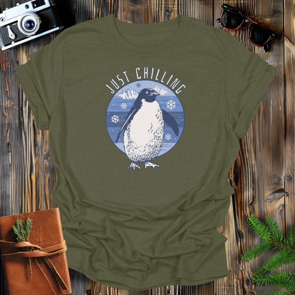 MyDesigns Physical Item Military Green / S Just Chilling Penguin T-Shirt