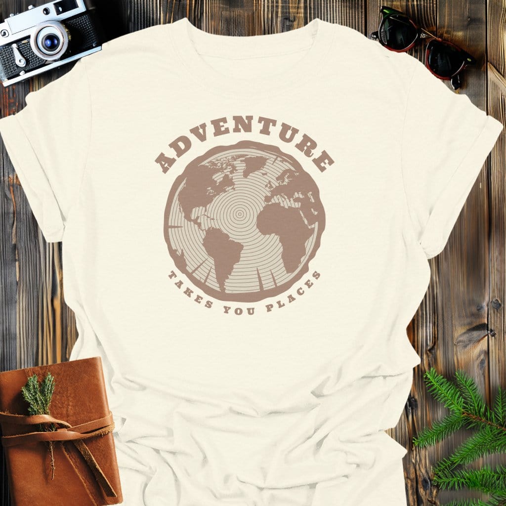 Adventure Takes You Places T-Shirt In Natural / S Lightweight adventure tee for outdoor lovers Perfect for hiking camping or road trips Made from soft breathable cotton for all-day comfort Ideal for nature lovers and adventurers FAYO Threads outdoor apparel remember Fun Awaits You Outside