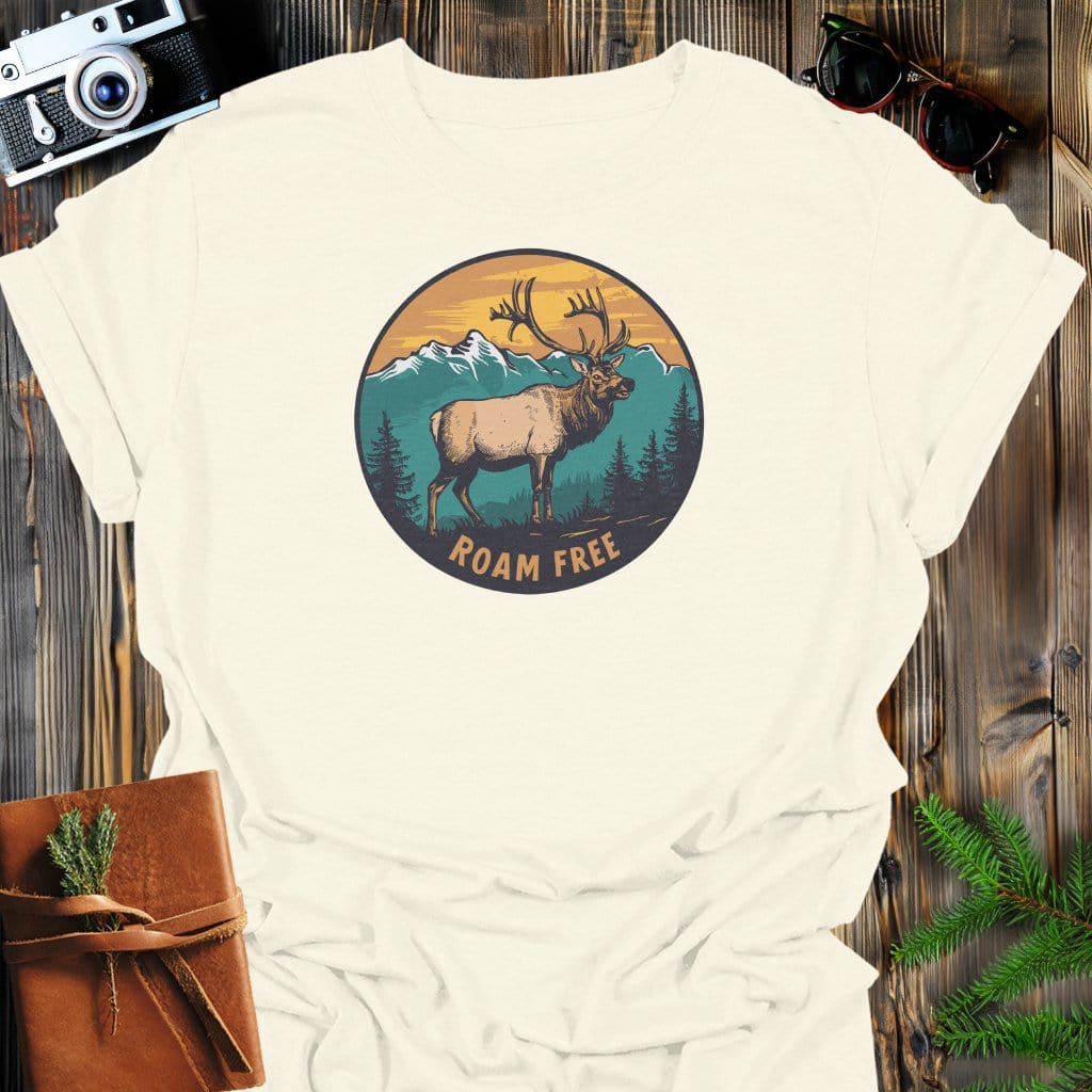 Elk Roam Free T-Shirt In Natural / S Lightweight adventure tee for outdoor lovers Perfect for hiking camping or road trips Made from soft breathable cotton for all-day comfort Ideal for nature lovers and adventurers FAYO Threads outdoor apparel remember Fun Awaits You Outside
