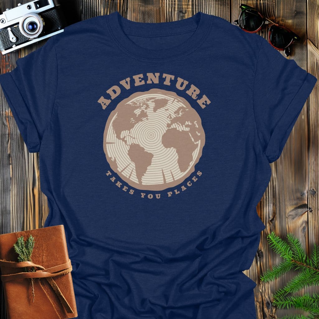 Adventure Takes You Places T-Shirt In Navy / S Lightweight adventure tee for outdoor lovers Perfect for hiking camping or road trips Made from soft breathable cotton for all-day comfort Ideal for nature lovers and adventurers FAYO Threads outdoor apparel remember Fun Awaits You Outside