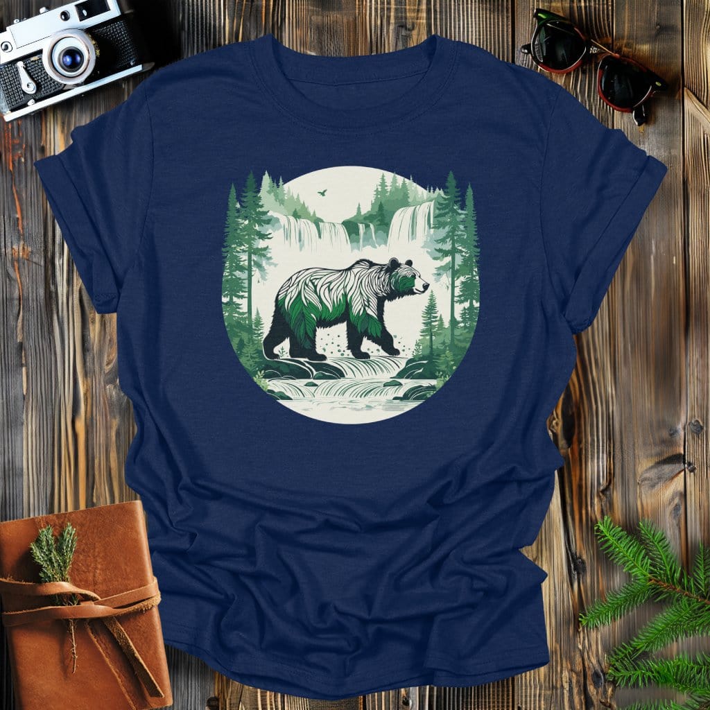 MyDesigns Physical Item Navy / S Bear at Waterfalls in Forest T-Shirt