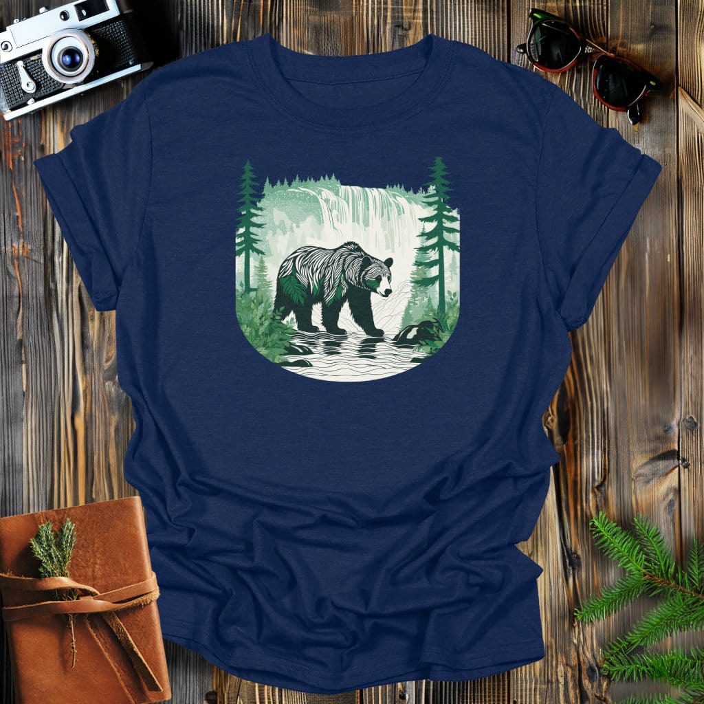 MyDesigns Physical Item Navy / S Bear in a River at the Mountains T-Shirt