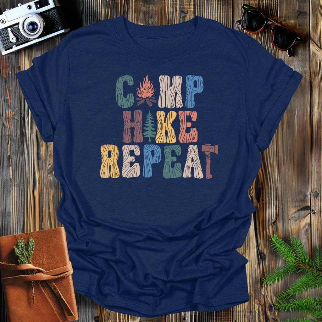 MyDesigns Physical Item Navy / S Camp, Hike, Repeat T-Shirt