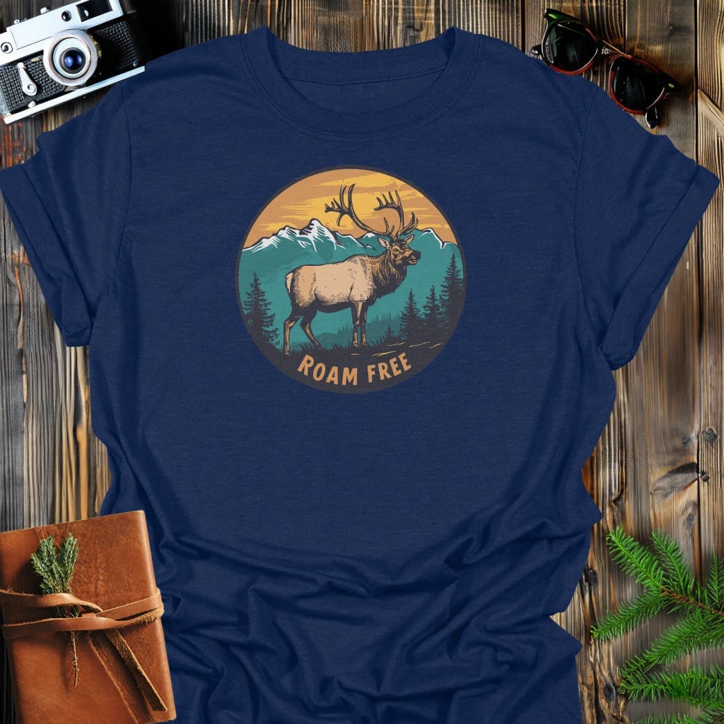 Elk Roam Free T-Shirt In Navy / S Lightweight adventure tee for outdoor lovers Perfect for hiking camping or road trips Made from soft breathable cotton for all-day comfort Ideal for nature lovers and adventurers FAYO Threads outdoor apparel remember Fun Awaits You Outside