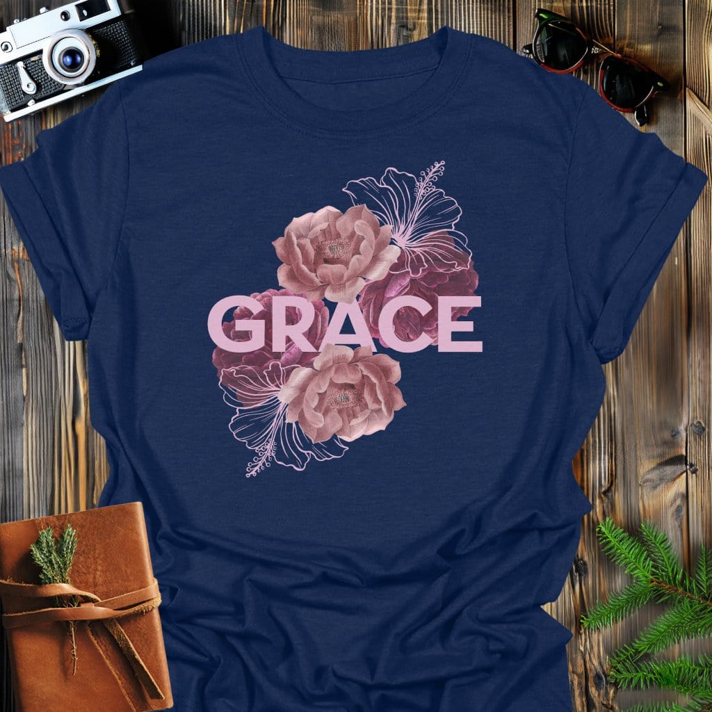 Grace in Roses T-Shirt In Navy / S Lightweight adventure tee for outdoor lovers Perfect for hiking camping or road trips Made from soft breathable cotton for all-day comfort Ideal for nature lovers and adventurers FAYO Threads outdoor apparel remember Fun Awaits You Outside