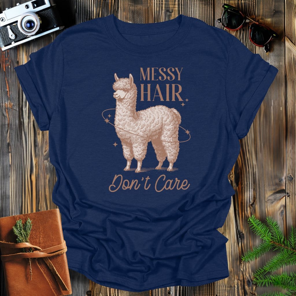 MyDesigns Physical Item Navy / S Messy Hair Don't Care Llama T-Shirt