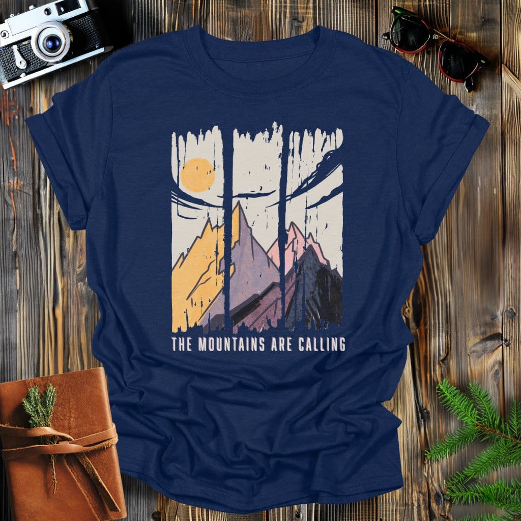 MyDesigns Physical Item Navy / S Mountains are Calling, Vintage Mountain Sunset T-Shirt