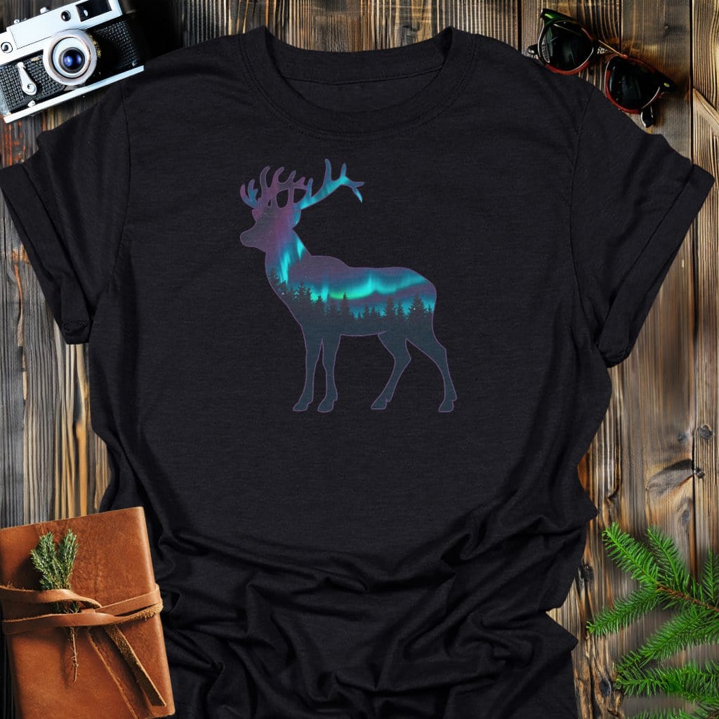 Aurora Stag T-Shirt In Black / S Lightweight adventure tee for outdoor lovers Perfect for hiking camping or road trips Made from soft breathable cotton for all-day comfort Ideal for nature lovers and adventurers FAYO Threads outdoor apparel remember Fun Awaits You Outside