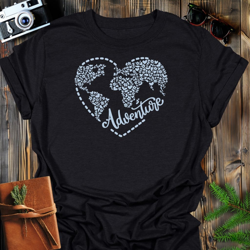 Aventure Heart T-Shirt In Black / S Lightweight adventure tee for outdoor lovers Perfect for hiking camping or road trips Made from soft breathable cotton for all-day comfort Ideal for nature lovers and adventurers FAYO Threads outdoor apparel remember Fun Awaits You Outside