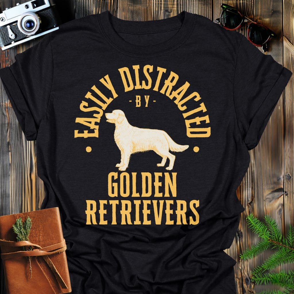 Distracted by Golden Retreivers T-Shirt In S / Black Lightweight adventure tee for outdoor lovers Perfect for hiking camping or road trips Made from soft breathable cotton for all-day comfort Ideal for nature lovers and adventurers FAYO Threads outdoor apparel remember Fun Awaits You Outside