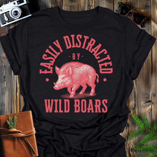 Distracted by Wild Boars T-Shirt In S / Black Lightweight adventure tee for outdoor lovers Perfect for hiking camping or road trips Made from soft breathable cotton for all-day comfort Ideal for nature lovers and adventurers FAYO Threads outdoor apparel remember Fun Awaits You Outside