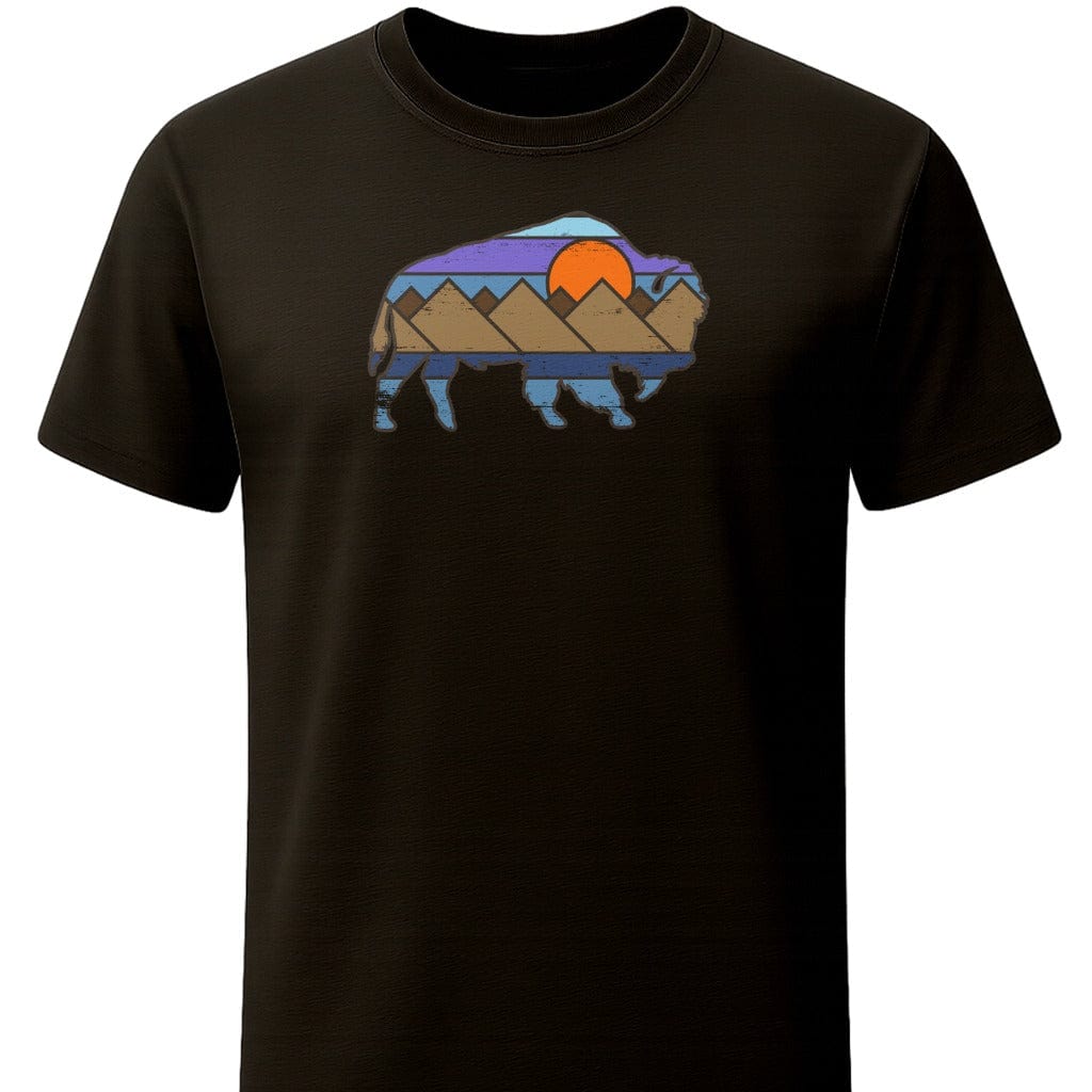 Distressed Buffalo Sunset T-Shirt In S / Black Lightweight adventure tee for outdoor lovers Perfect for hiking camping or road trips Made from soft breathable cotton for all-day comfort Ideal for nature lovers and adventurers FAYO Threads outdoor apparel remember Fun Awaits You Outside