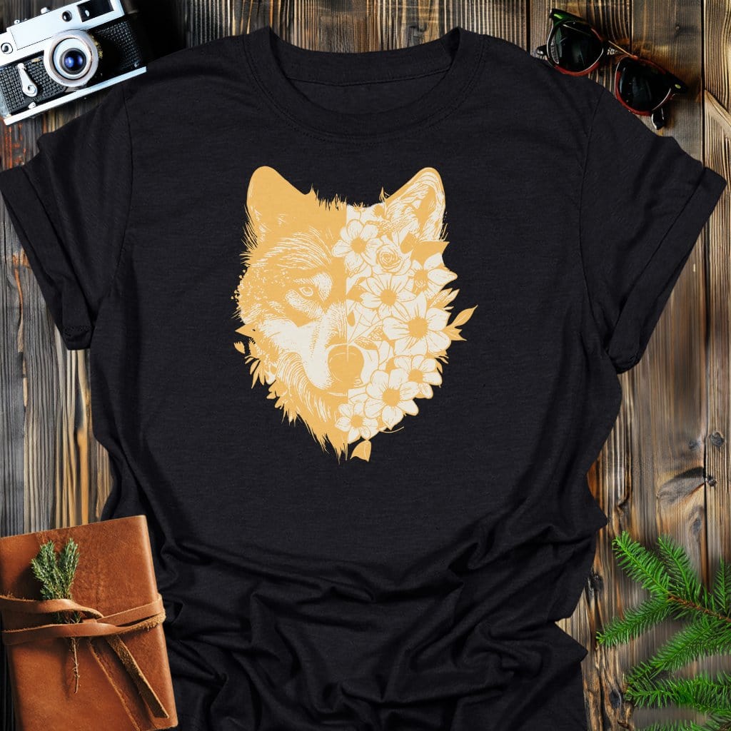 Floral Wolf T-Shirt In Black / S Lightweight adventure tee for outdoor lovers Perfect for hiking camping or road trips Made from soft breathable cotton for all-day comfort Ideal for nature lovers and adventurers FAYO Threads outdoor apparel remember Fun Awaits You Outside