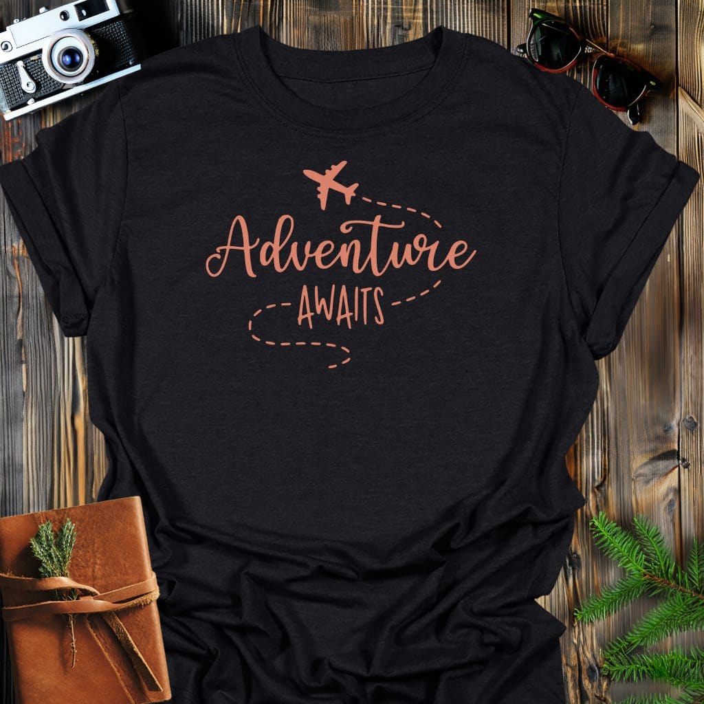 Flight Adventure Awaits T-Shirt In Black / S Lightweight adventure tee for outdoor lovers Perfect for hiking camping or road trips Made from soft breathable cotton for all-day comfort Ideal for nature lovers and adventurers FAYO Threads outdoor apparel remember Fun Awaits You Outside