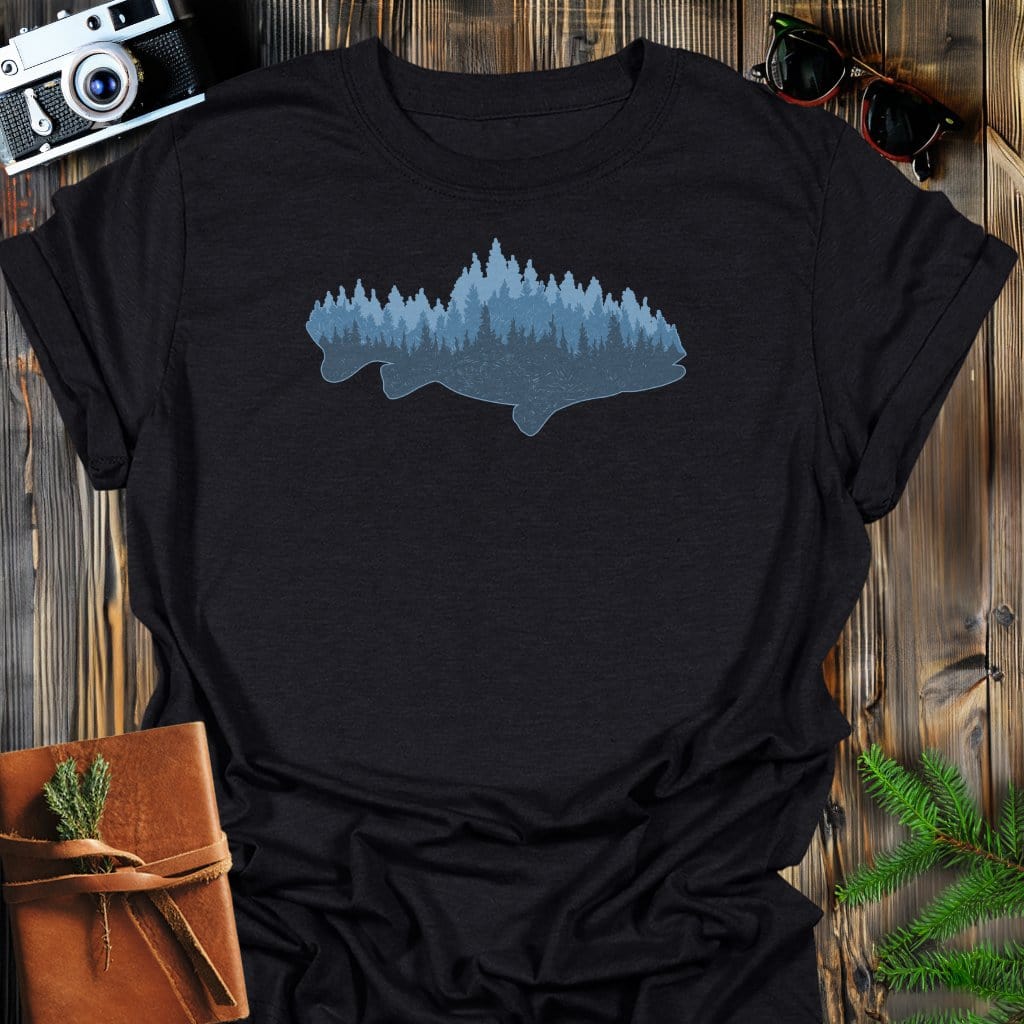 Forest Fish T-Shirt In Black / S Lightweight adventure tee for outdoor lovers Perfect for hiking camping or road trips Made from soft breathable cotton for all-day comfort Ideal for nature lovers and adventurers FAYO Threads outdoor apparel remember Fun Awaits You Outside