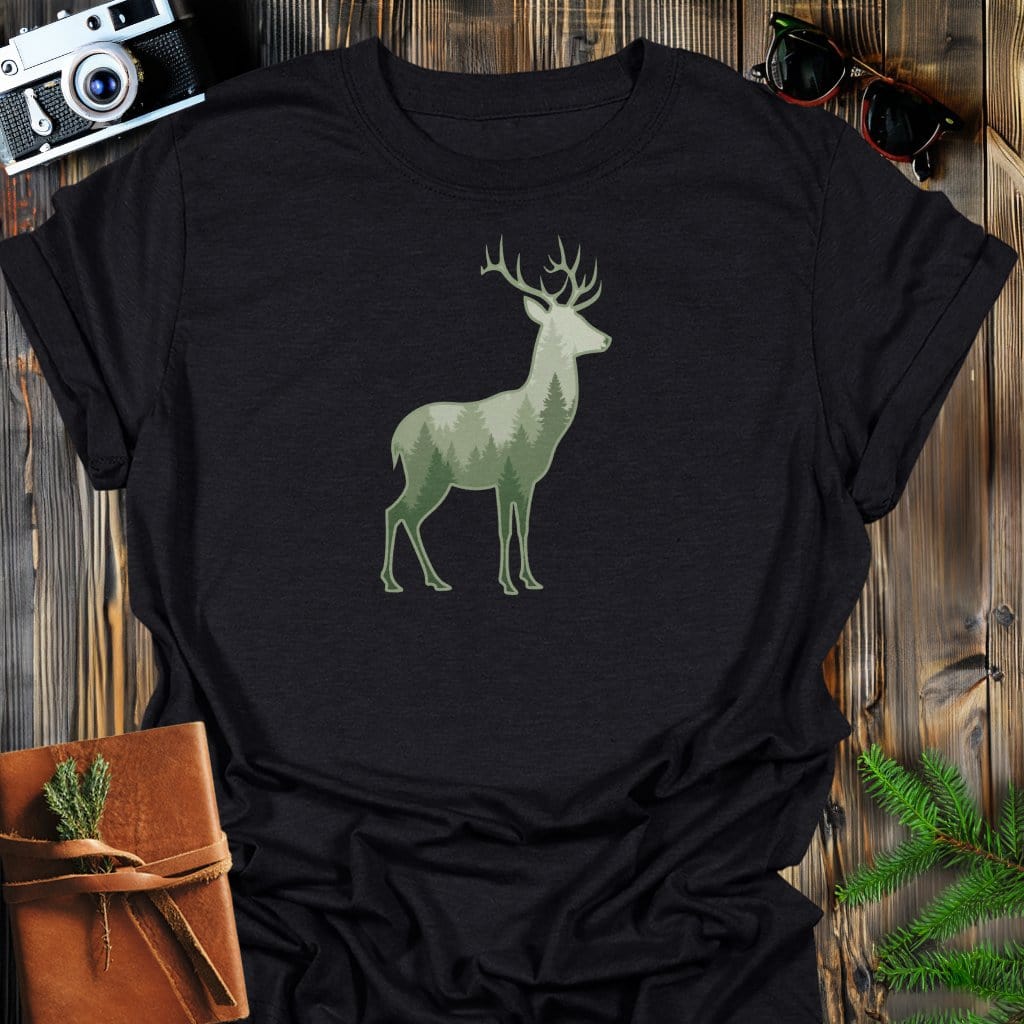 Forest Stag T-Shirt In Black / S Lightweight adventure tee for outdoor lovers Perfect for hiking camping or road trips Made from soft breathable cotton for all-day comfort Ideal for nature lovers and adventurers FAYO Threads outdoor apparel remember Fun Awaits You Outside