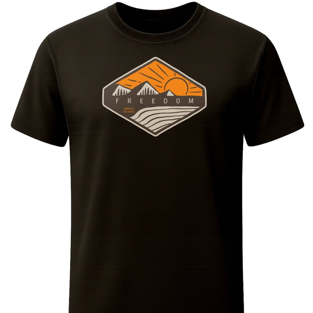 Freedom Mountain Peaks T-Shirt In S / Black Lightweight adventure tee for outdoor lovers Perfect for hiking camping or road trips Made from soft breathable cotton for all-day comfort Ideal for nature lovers and adventurers FAYO Threads outdoor apparel remember Fun Awaits You Outside