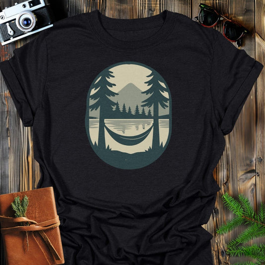 Hammock Lake T-Shirt In S / Black Lightweight adventure tee for outdoor lovers Perfect for hiking camping or road trips Made from soft breathable cotton for all-day comfort Ideal for nature lovers and adventurers FAYO Threads outdoor apparel remember Fun Awaits You Outside