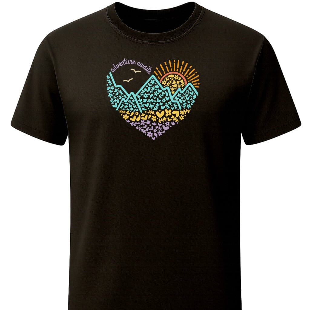 Heart Adventure Awaits T-Shirt In S / Black Lightweight adventure tee for outdoor lovers Perfect for hiking camping or road trips Made from soft breathable cotton for all-day comfort Ideal for nature lovers and adventurers FAYO Threads outdoor apparel remember Fun Awaits You Outside