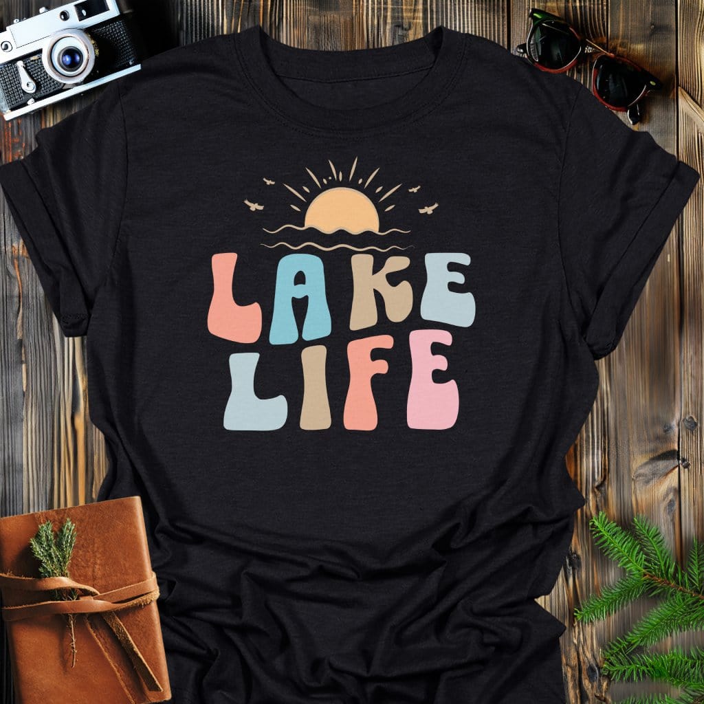 Lake Life Sunset T-Shirt In Black / S Lightweight adventure tee for outdoor lovers Perfect for hiking camping or road trips Made from soft breathable cotton for all-day comfort Ideal for nature lovers and adventurers FAYO Threads outdoor apparel remember Fun Awaits You Outside
