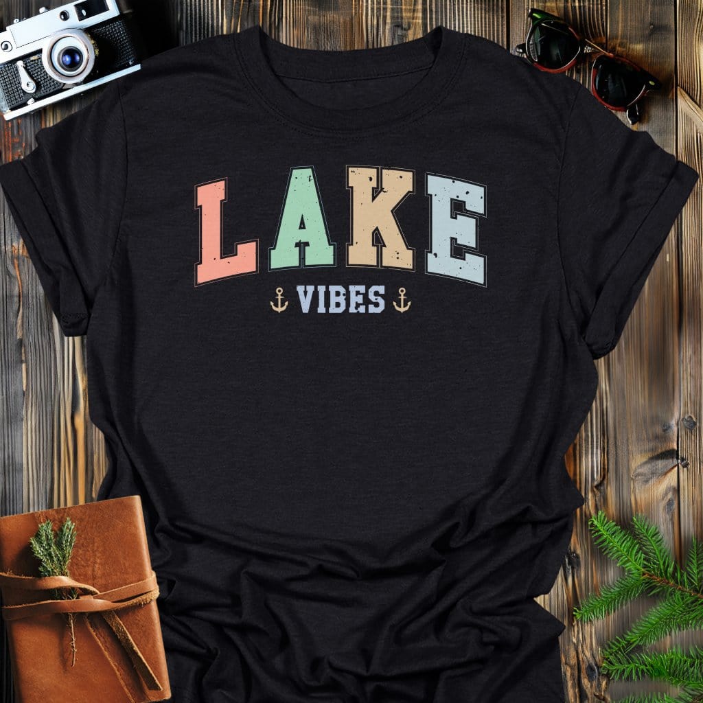 Lake Vibes T-Shirt In Black / S Lightweight adventure tee for outdoor lovers Perfect for hiking camping or road trips Made from soft breathable cotton for all-day comfort Ideal for nature lovers and adventurers FAYO Threads outdoor apparel remember Fun Awaits You Outside