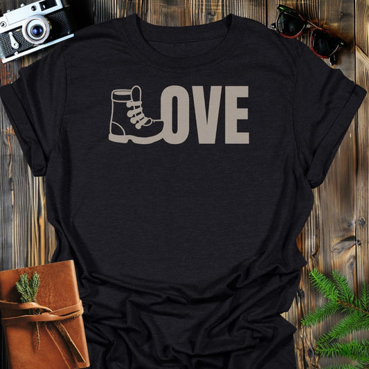 Love Hiking Boot T-Shirt In Black / S Lightweight adventure tee for outdoor lovers Perfect for hiking camping or road trips Made from soft breathable cotton for all-day comfort Ideal for nature lovers and adventurers FAYO Threads outdoor apparel remember Fun Awaits You Outside