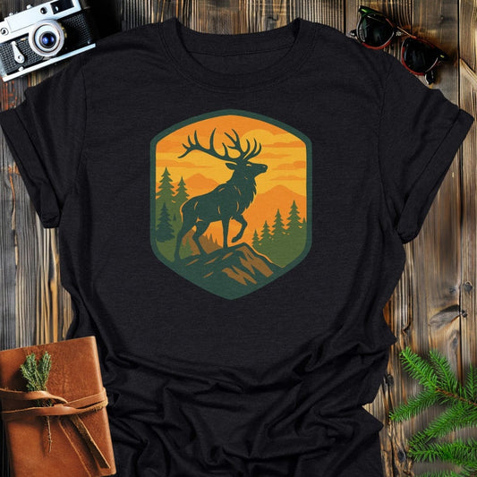Majestic Retro Elk T-Shirt In S / Black Lightweight adventure tee for outdoor lovers Perfect for hiking camping or road trips Made from soft breathable cotton for all-day comfort Ideal for nature lovers and adventurers FAYO Threads outdoor apparel remember Fun Awaits You Outside