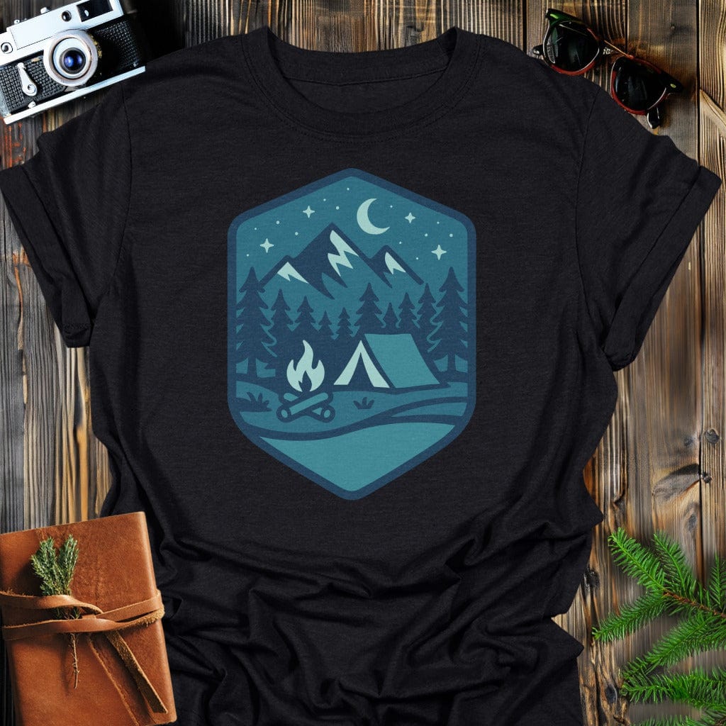 Midnight Bonfire T-Shirt In S / Black Lightweight adventure tee for outdoor lovers Perfect for hiking camping or road trips Made from soft breathable cotton for all-day comfort Ideal for nature lovers and adventurers FAYO Threads outdoor apparel remember Fun Awaits You Outside