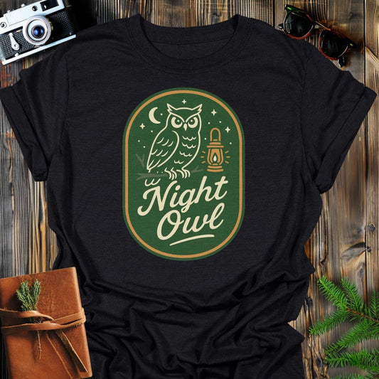 Night Owl T-Shirt In S / Black Lightweight adventure tee for outdoor lovers Perfect for hiking camping or road trips Made from soft breathable cotton for all-day comfort Ideal for nature lovers and adventurers FAYO Threads outdoor apparel remember Fun Awaits You Outside