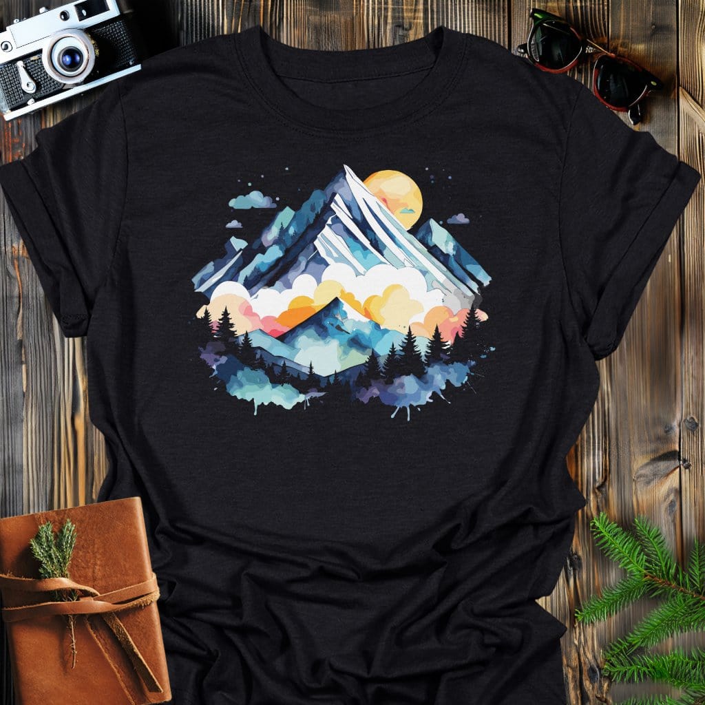 Painted Peaks T-Shirt In Black / S Lightweight adventure tee for outdoor lovers Perfect for hiking camping or road trips Made from soft breathable cotton for all-day comfort Ideal for nature lovers and adventurers FAYO Threads outdoor apparel remember Fun Awaits You Outside