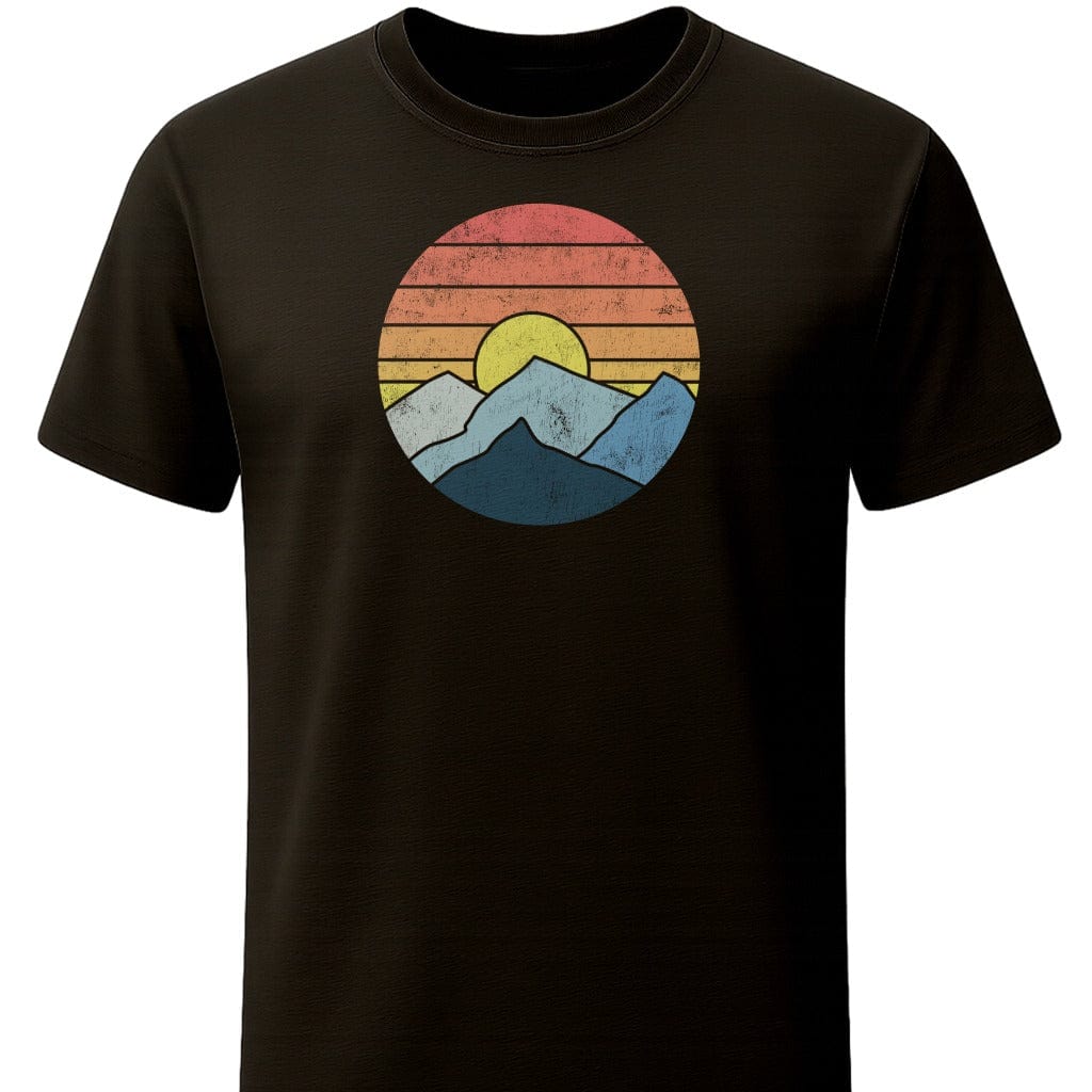 Retro Distressed Mountain Sunset T-Shirt In S / Black Lightweight adventure tee for outdoor lovers Perfect for hiking camping or road trips Made from soft breathable cotton for all-day comfort Ideal for nature lovers and adventurers FAYO Threads outdoor apparel remember Fun Awaits You Outside