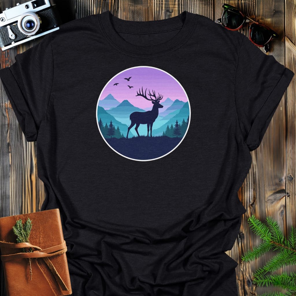 Twilight Buck T-Shirt In Black / S Lightweight adventure tee for outdoor lovers Perfect for hiking camping or road trips Made from soft breathable cotton for all-day comfort Ideal for nature lovers and adventurers FAYO Threads outdoor apparel remember Fun Awaits You Outside