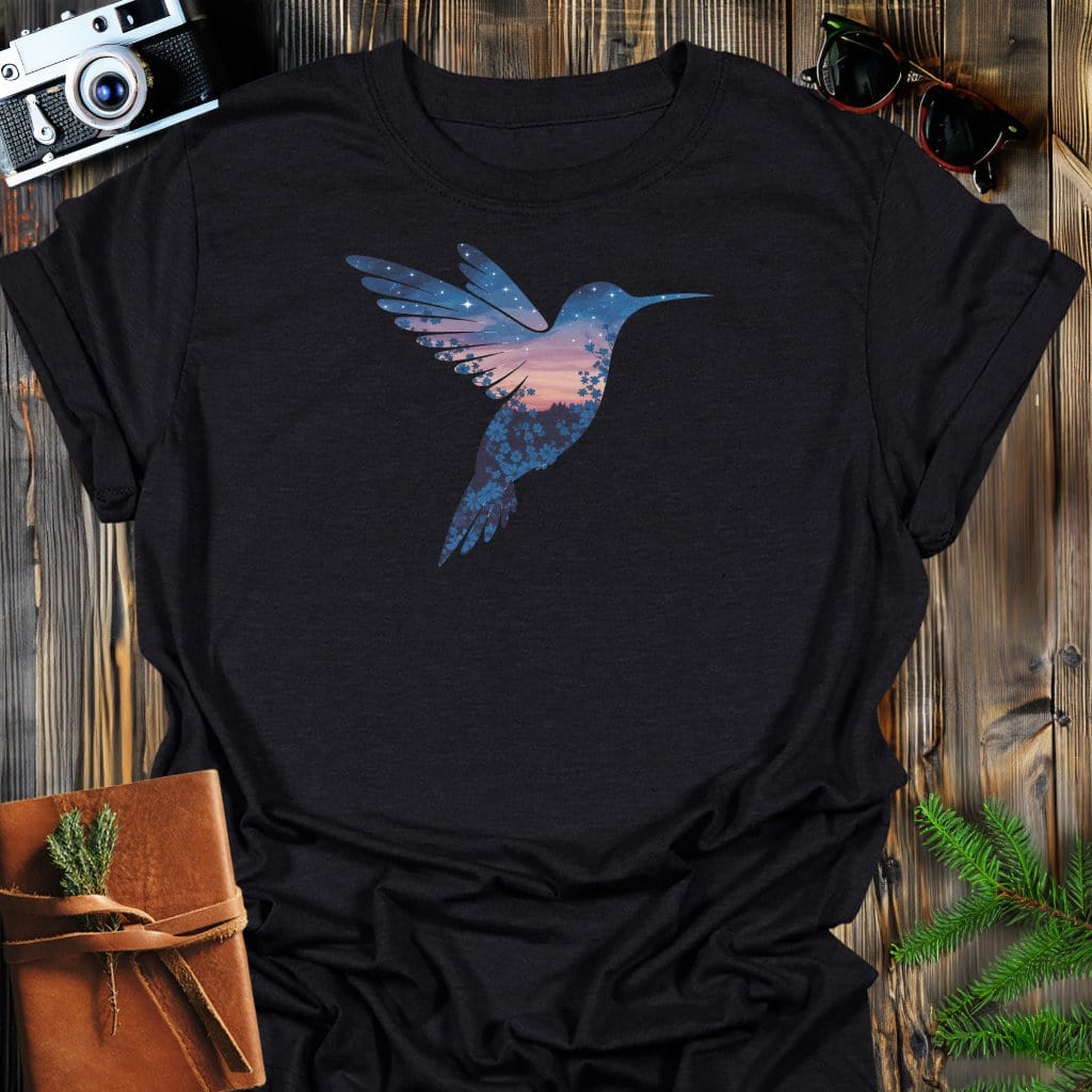 Twilight Hummingbird T-Shirt In Black / S Lightweight adventure tee for outdoor lovers Perfect for hiking camping or road trips Made from soft breathable cotton for all-day comfort Ideal for nature lovers and adventurers FAYO Threads outdoor apparel remember Fun Awaits You Outside