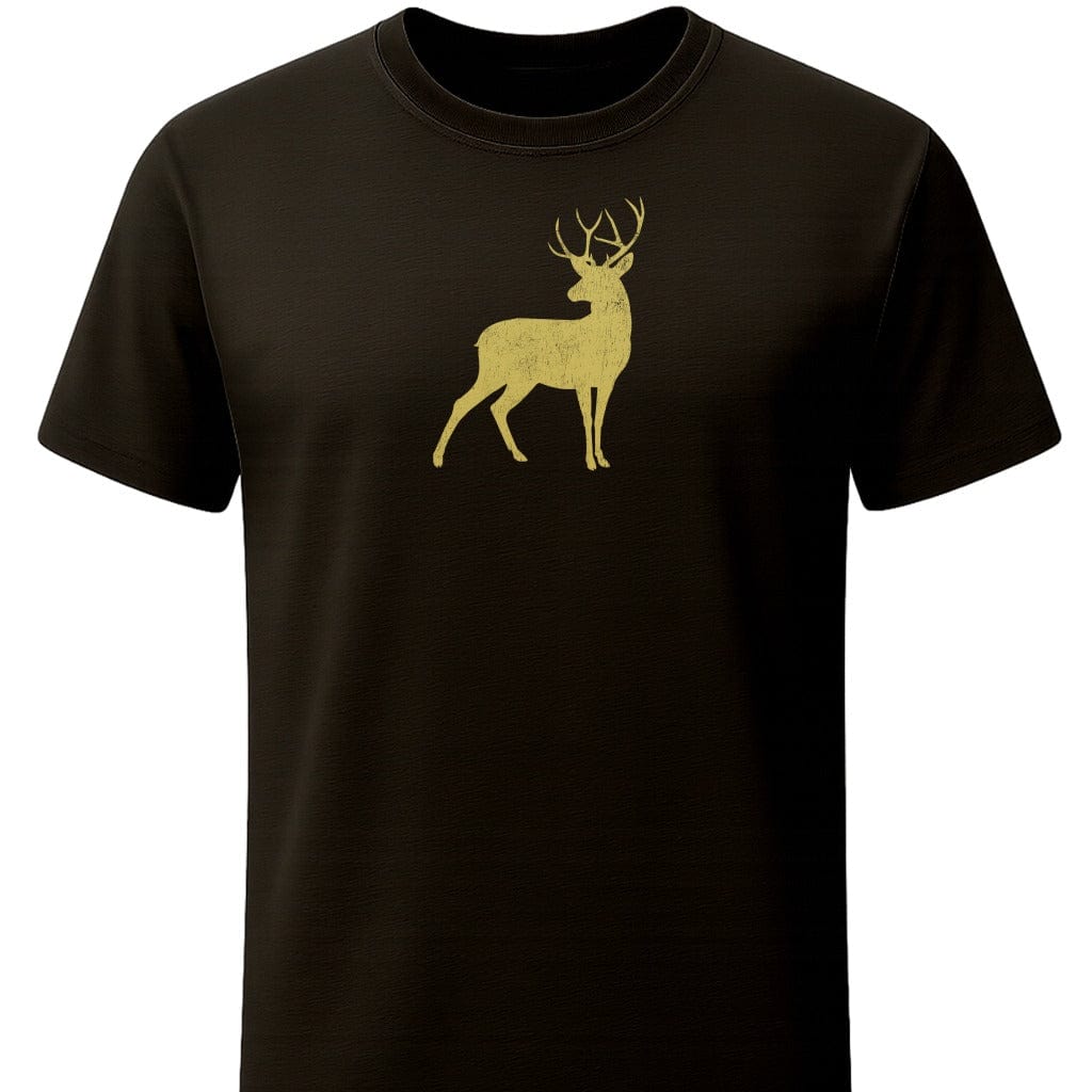 Vintage Golden Buck T-Shirt In S / Black Lightweight adventure tee for outdoor lovers Perfect for hiking camping or road trips Made from soft breathable cotton for all-day comfort Ideal for nature lovers and adventurers FAYO Threads outdoor apparel remember Fun Awaits You Outside