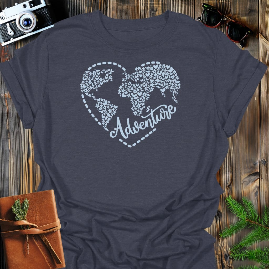 Aventure Heart T-Shirt In Dark Heather / S Lightweight adventure tee for outdoor lovers Perfect for hiking camping or road trips Made from soft breathable cotton for all-day comfort Ideal for nature lovers and adventurers FAYO Threads outdoor apparel remember Fun Awaits You Outside